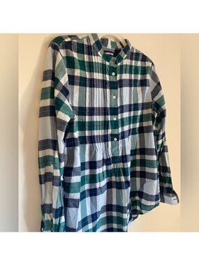 Lands End Women's Size 12 Green & Blue Plaid Cotton Pintuck Long Sleeve Shirt